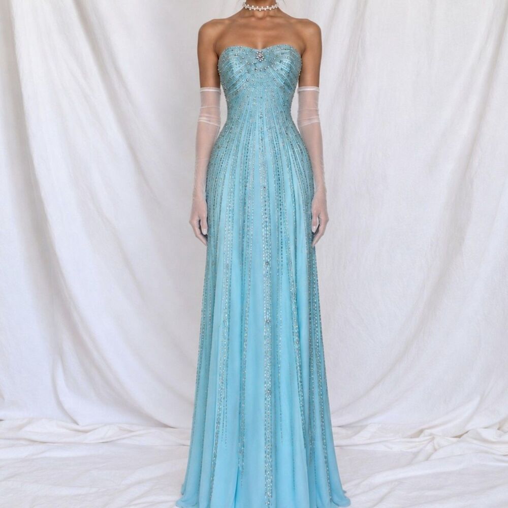 Vintage Y2K Pastel Blue Strapless Beaded Rhinestone Flared Prom Dress Size S/M